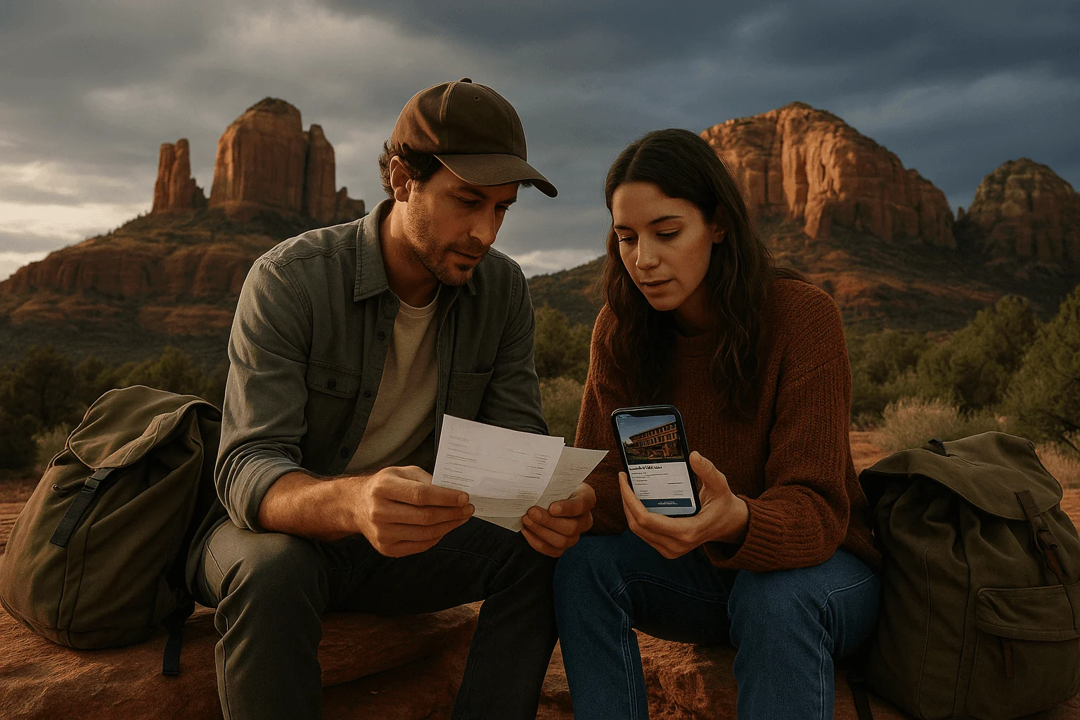Two visitors consulting a paper map and a phone