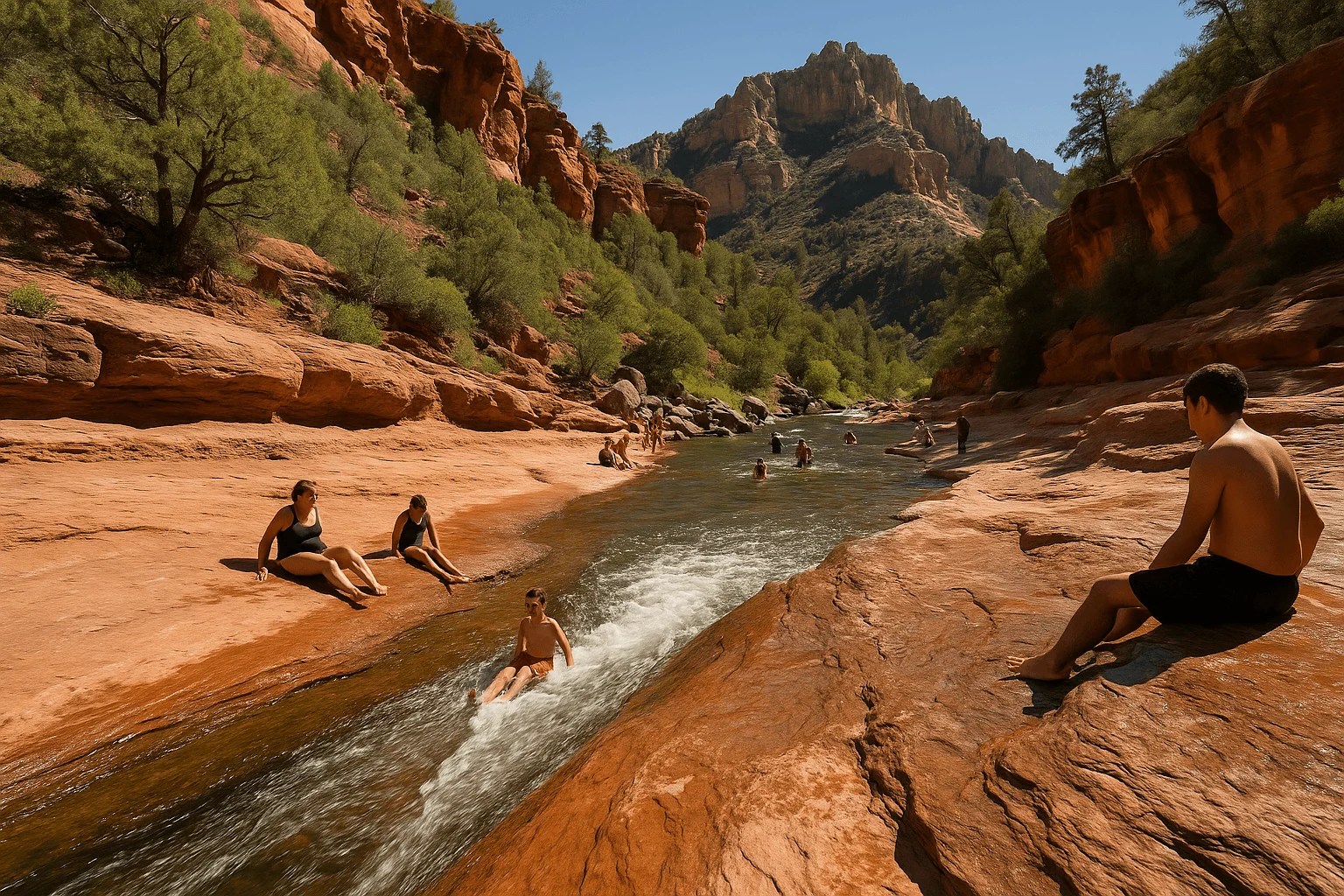 Visitors sitting beside a stream flowing through red sandstone