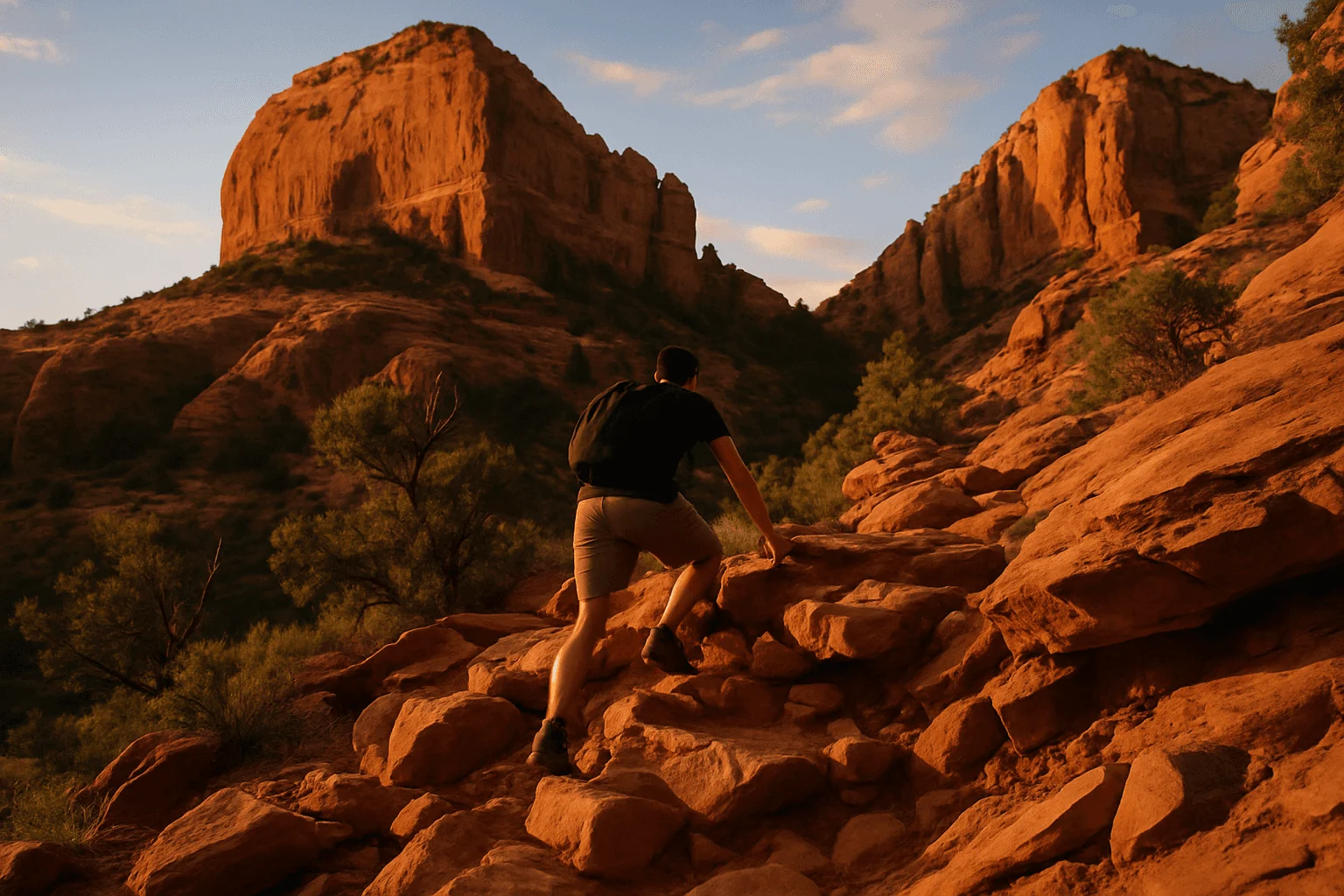 A hiker climbing a red sandstone trail toward sunlit rocks