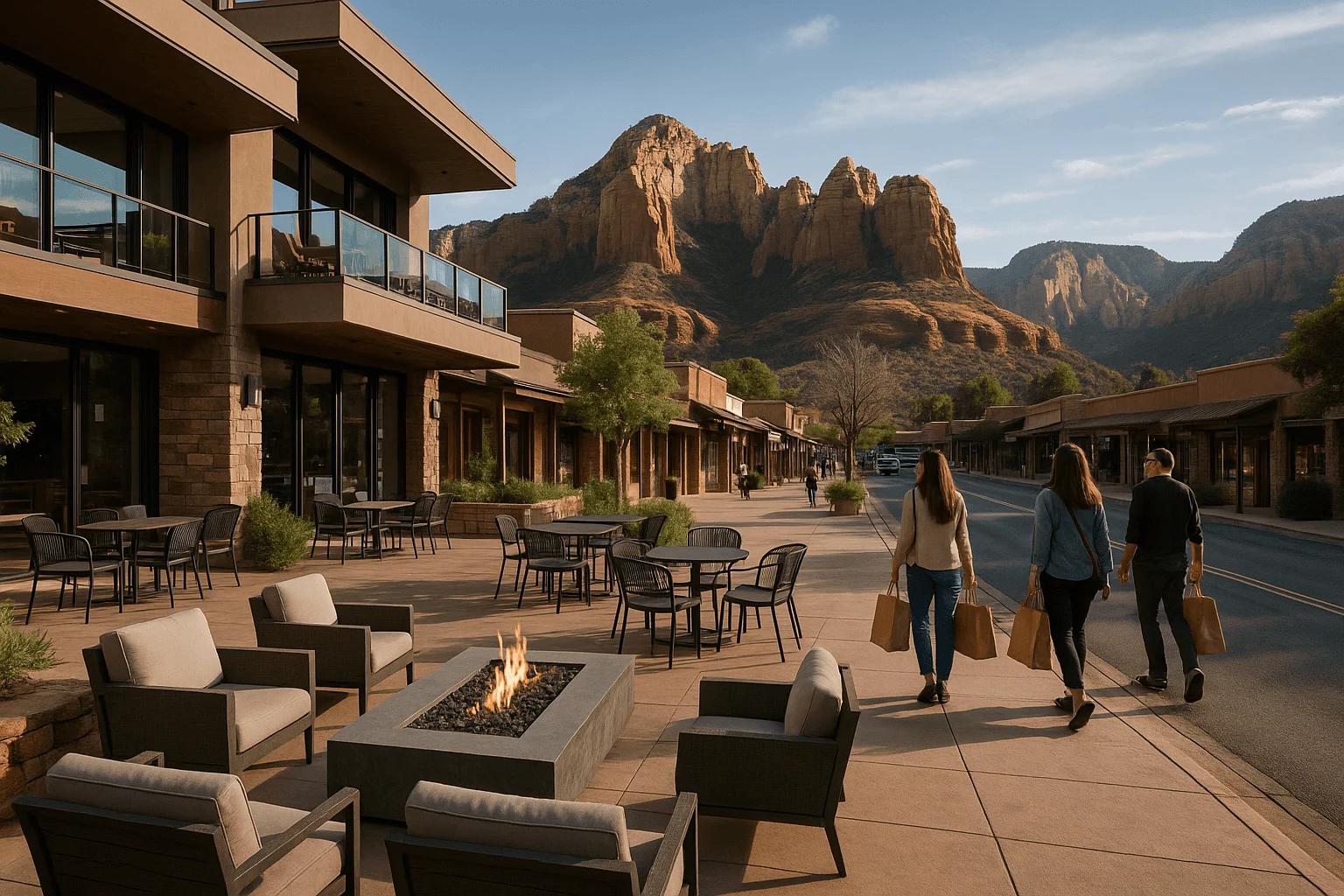 People walking across a hotel terrace with red-rock views