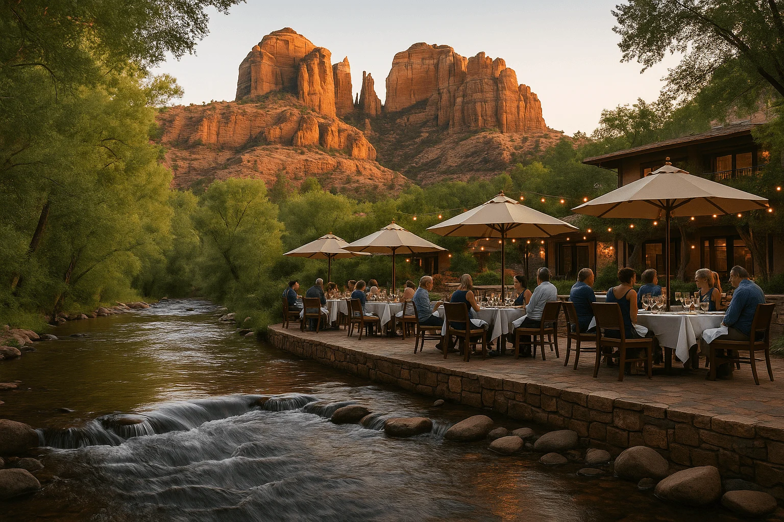 People dining beside a shaded creek