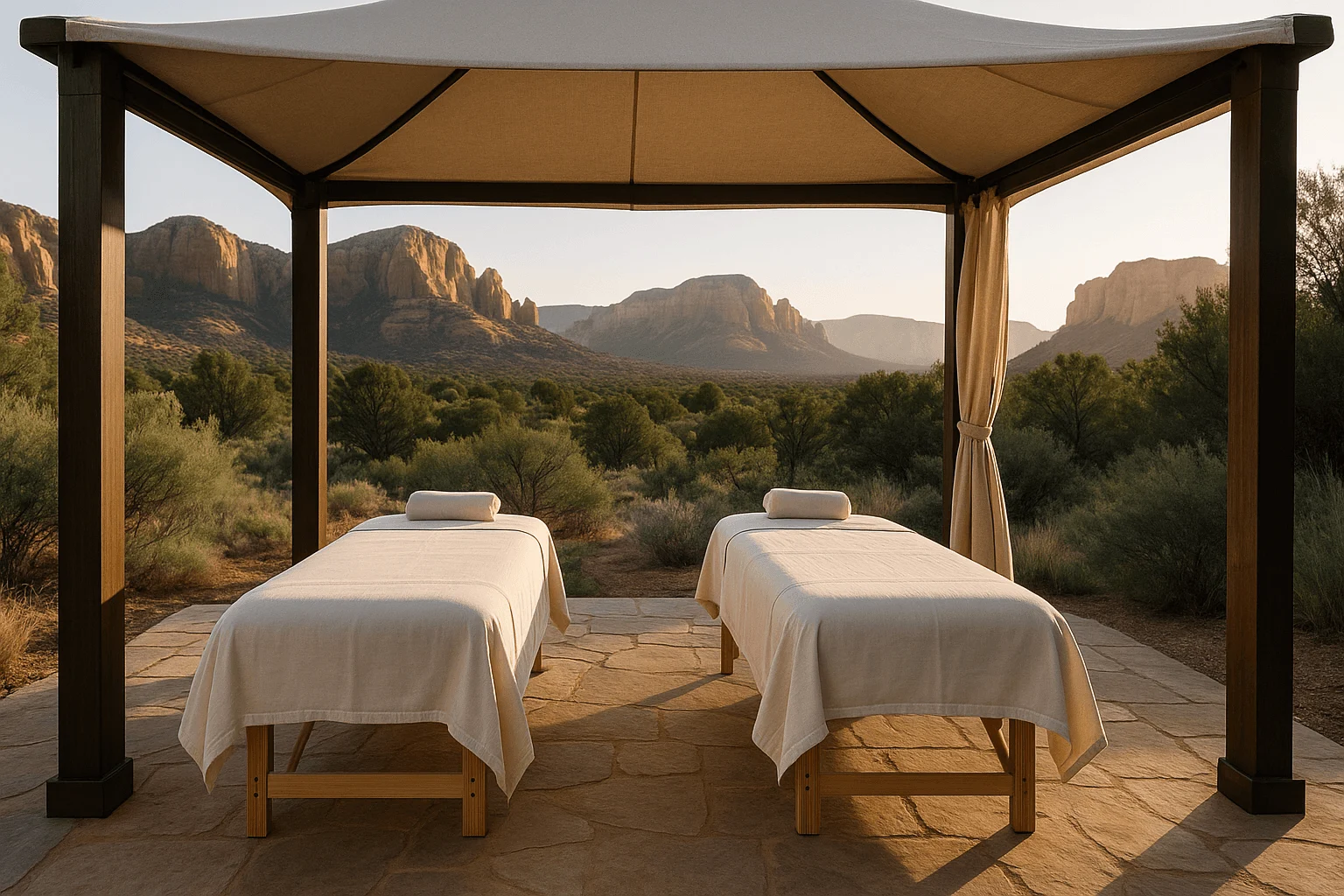 Two massage tables under a canopy with mountain views