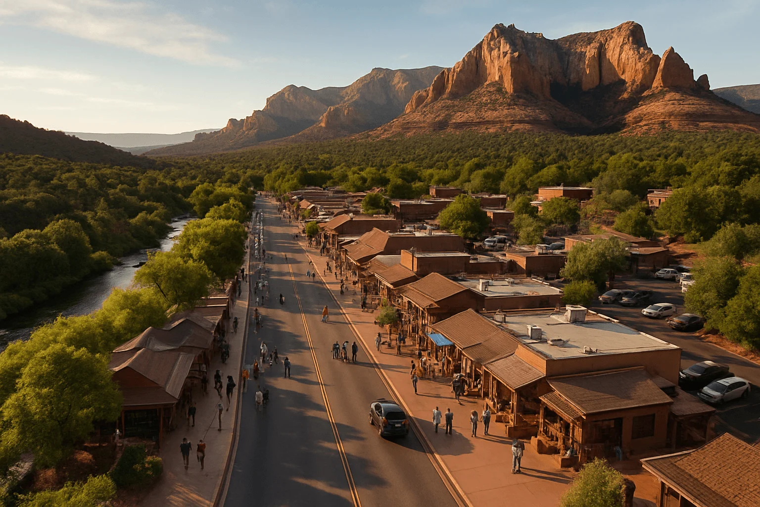 Aerial view of a shopping street through red-rock country