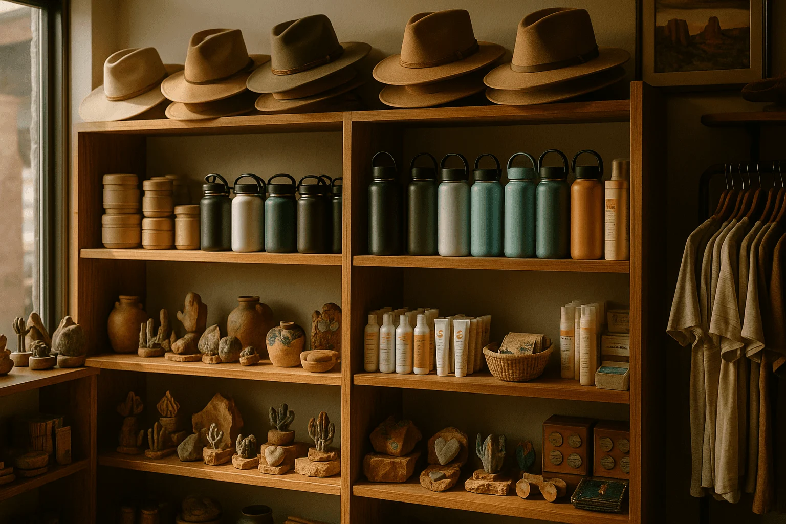 Hats, bottles, and small gifts arranged on store shelves