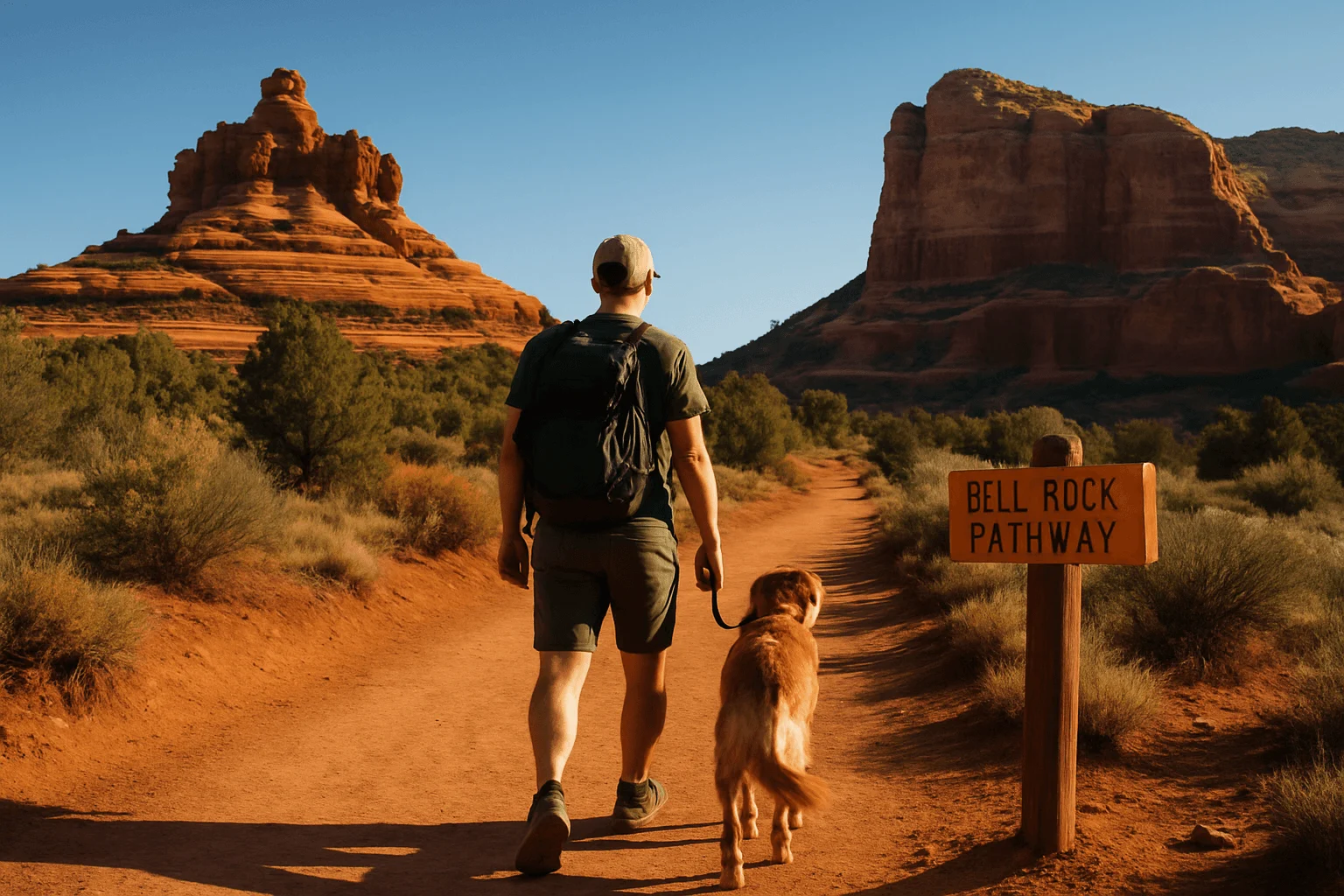 A hiker and dog on a red-dirt trail
