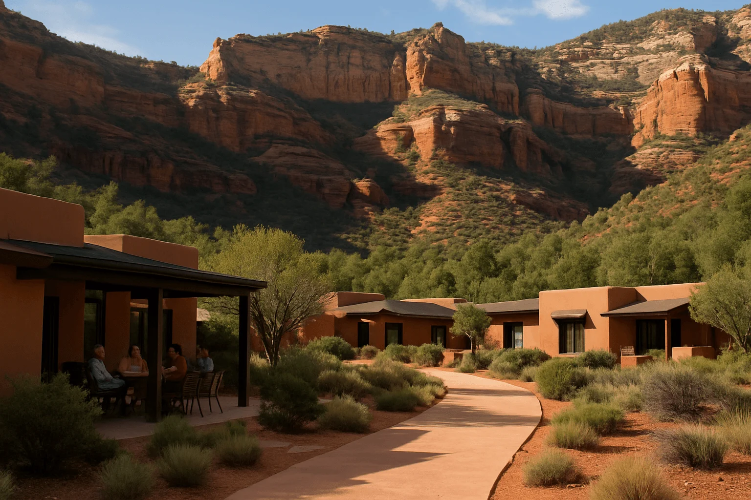 Low buildings and a landscaped path beneath a canyon wall