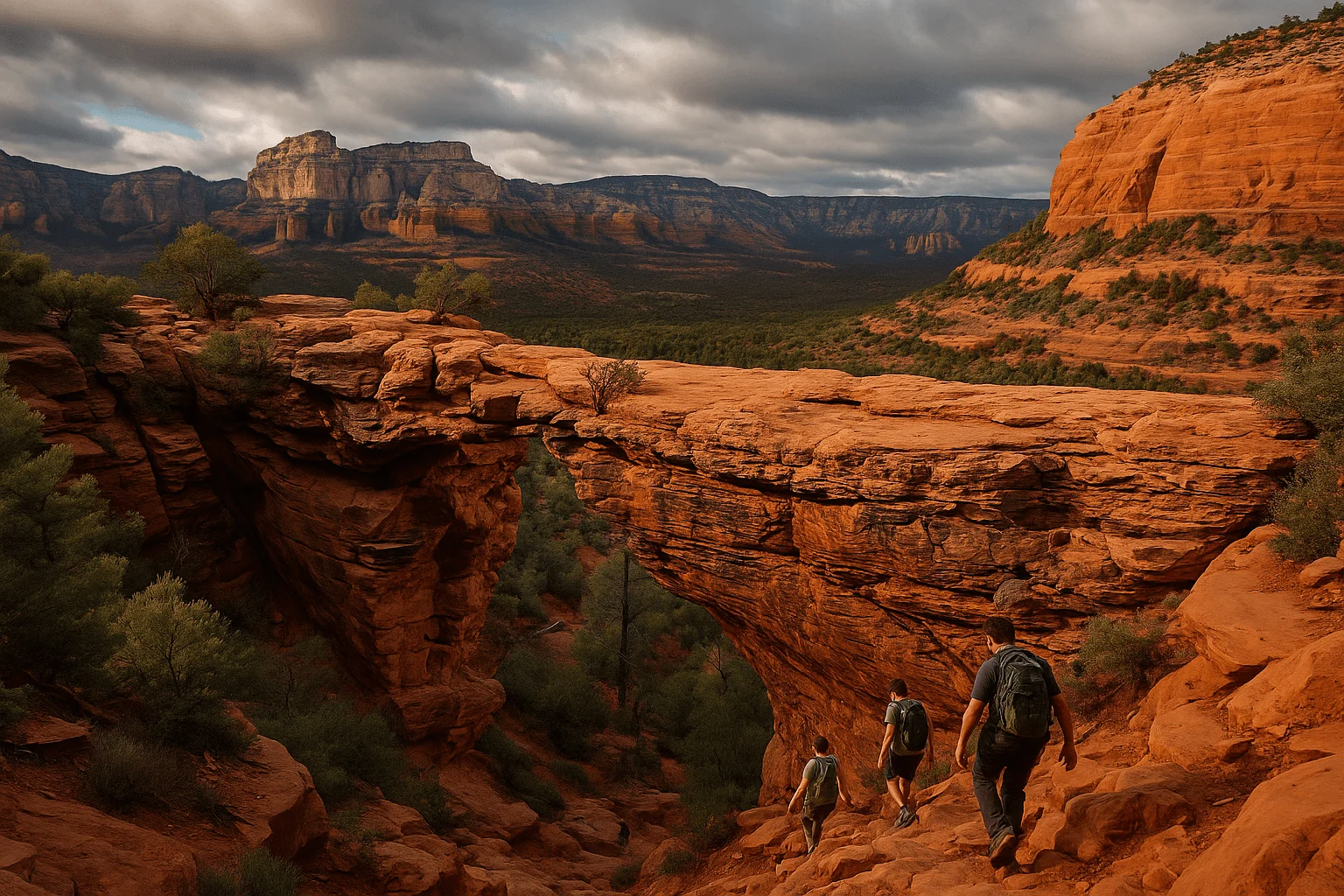 Hikers descending a rocky red canyon trail