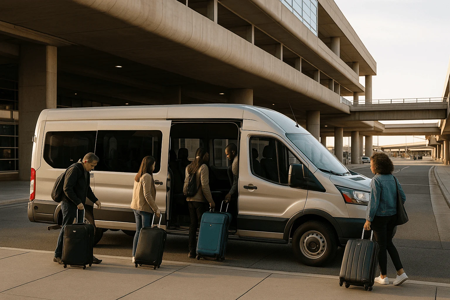 Travelers with luggage beside a shuttle outside an airport building