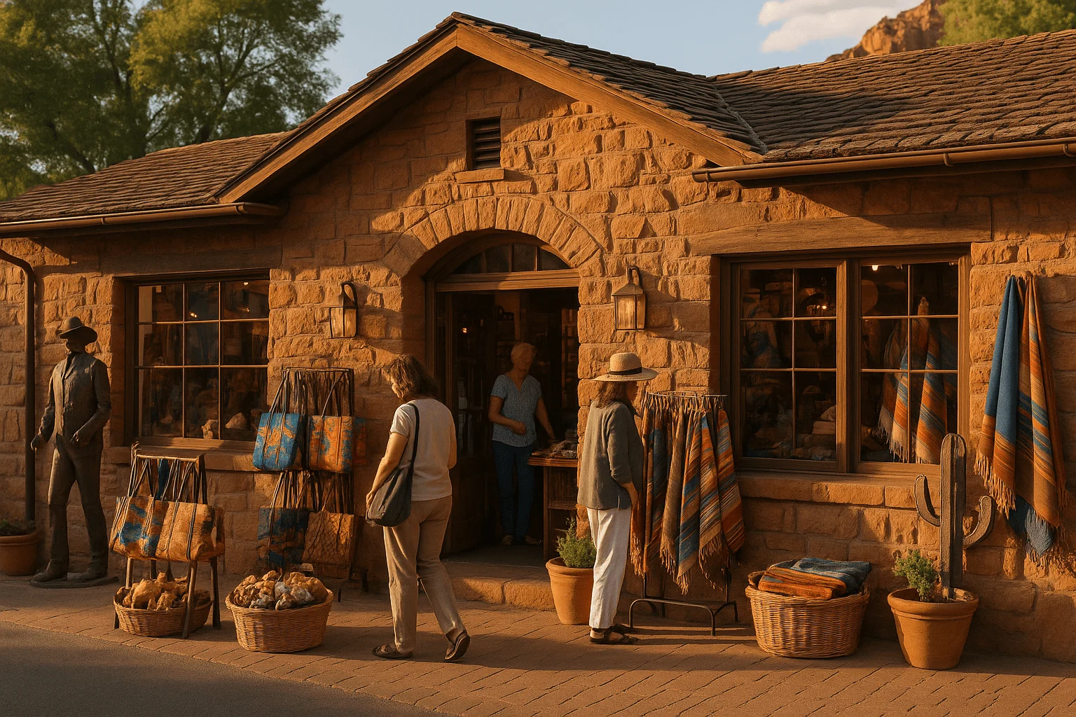 Shoppers browsing displays outside a rustic store