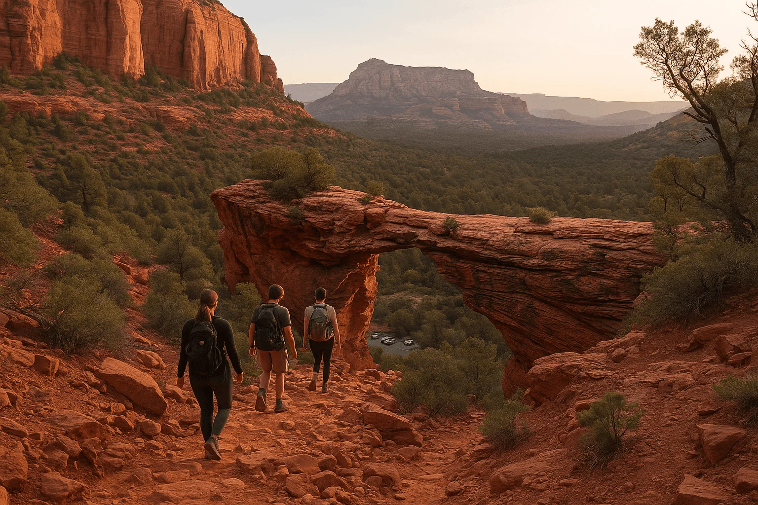 Hikers following a sandstone trail toward a natural rock bridge