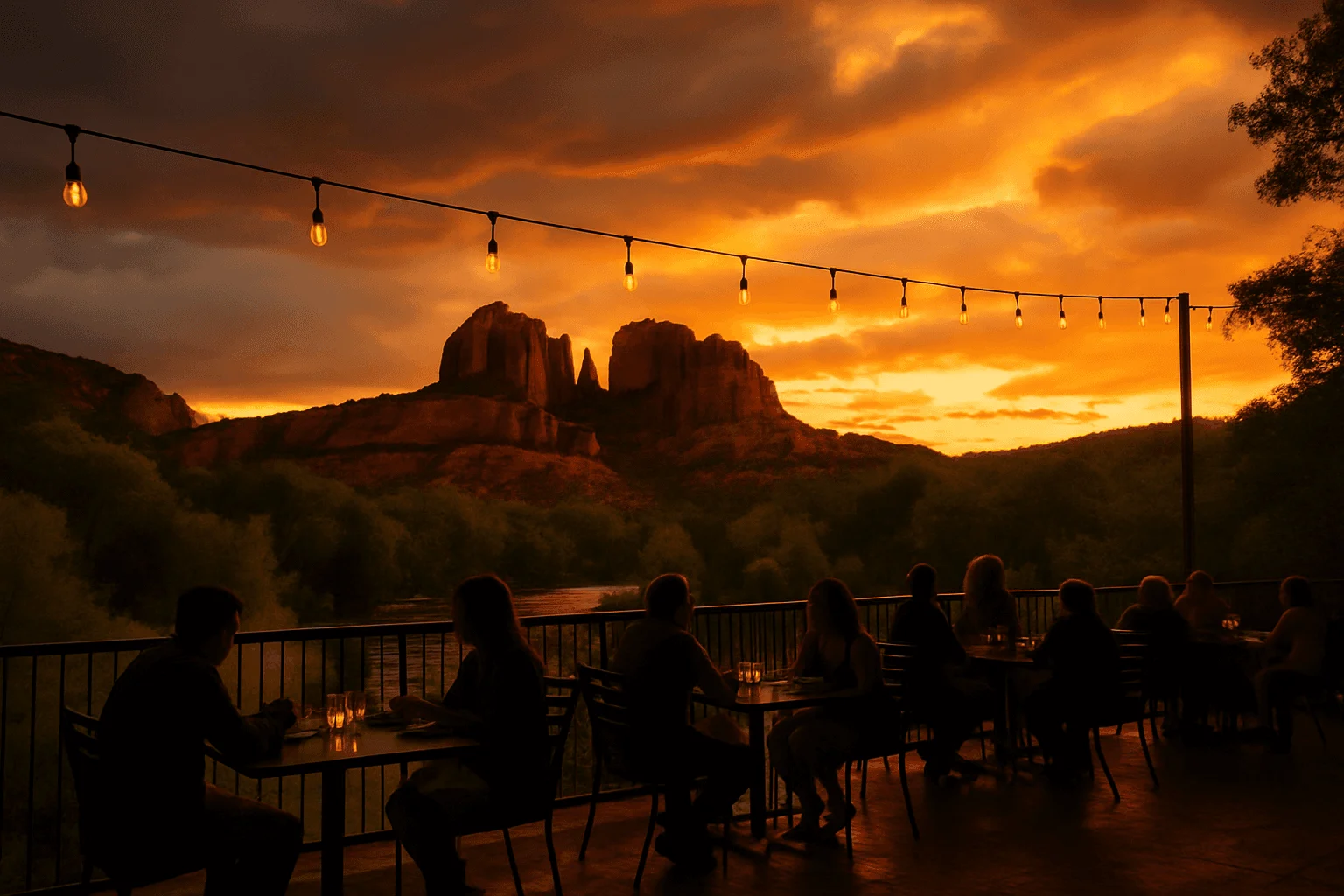 People on a terrace beneath string lights at sunset