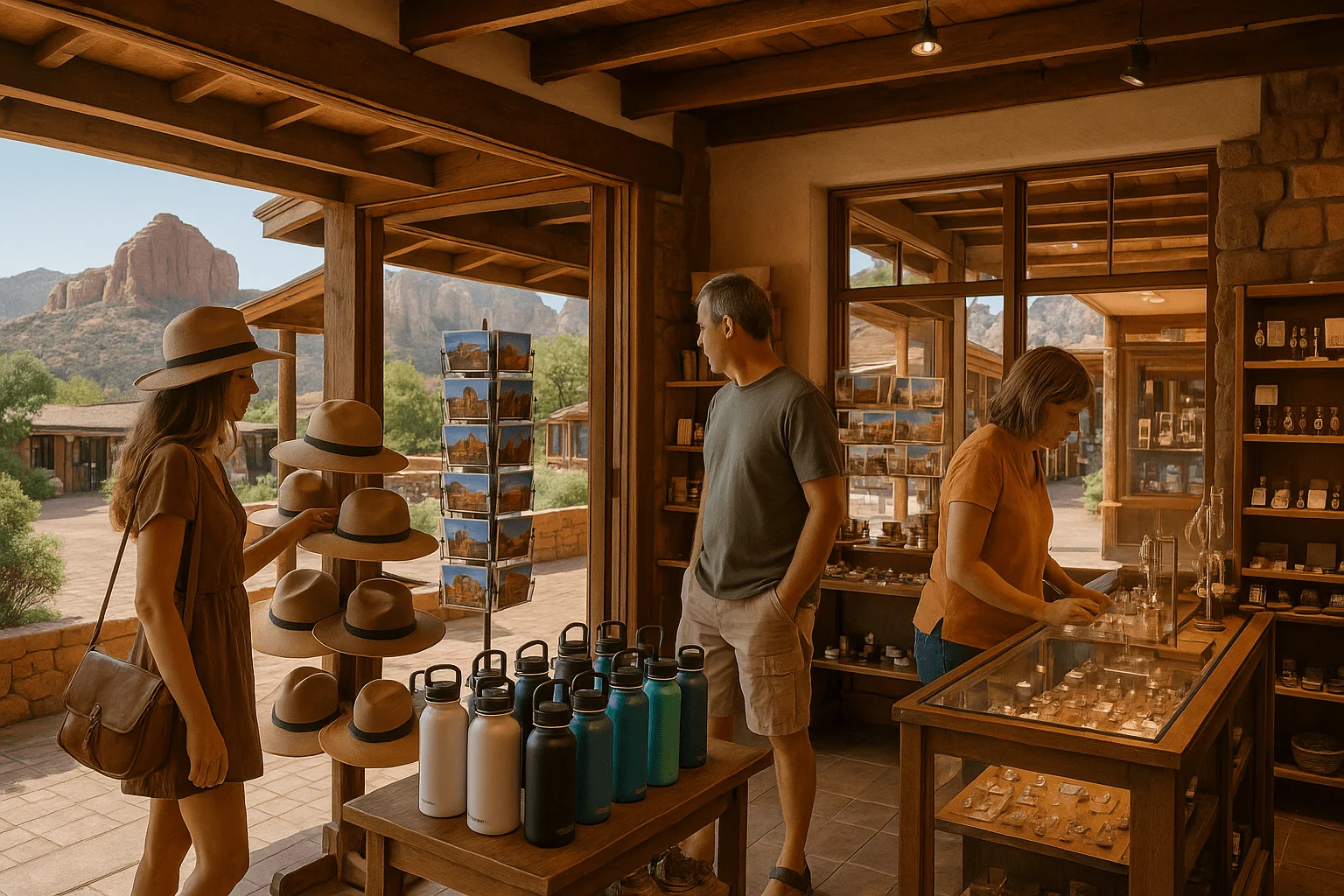 Visitors browsing jewelry and gifts inside a shop