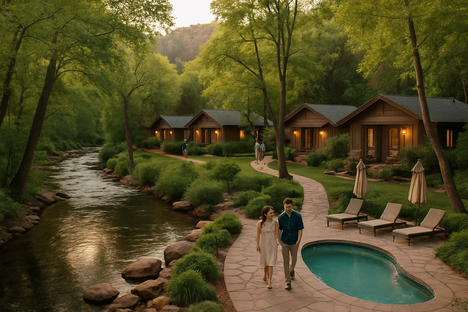 Creekside cabins and a small pool beneath leafy trees