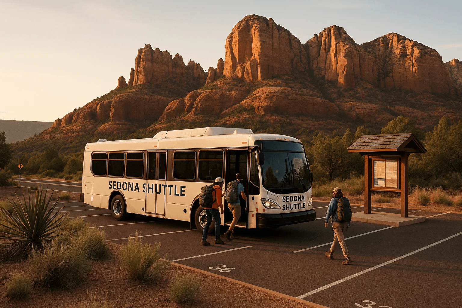 People boarding a bus labeled Sedona Shuttle at a desert stop