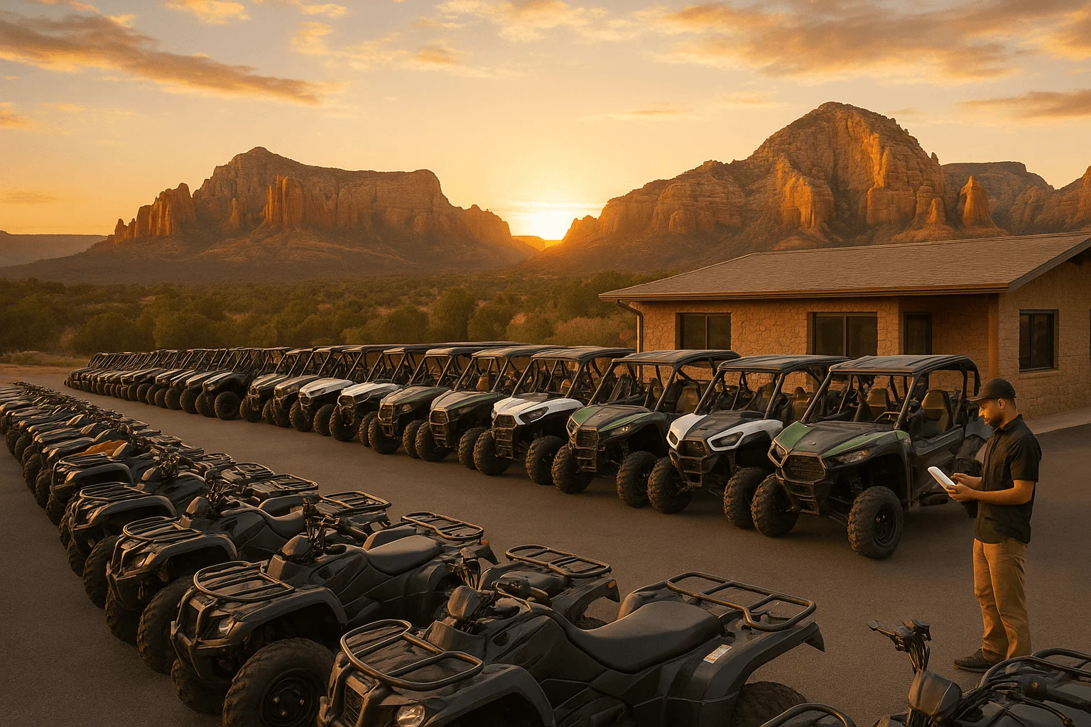 Rows of off-road vehicles parked beneath red-rock cliffs