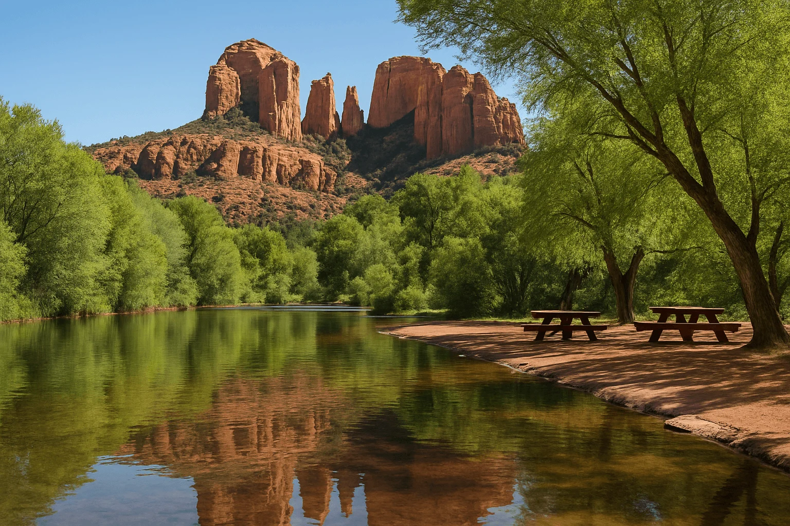 Picnic tables beside a creek reflecting red-rock formations