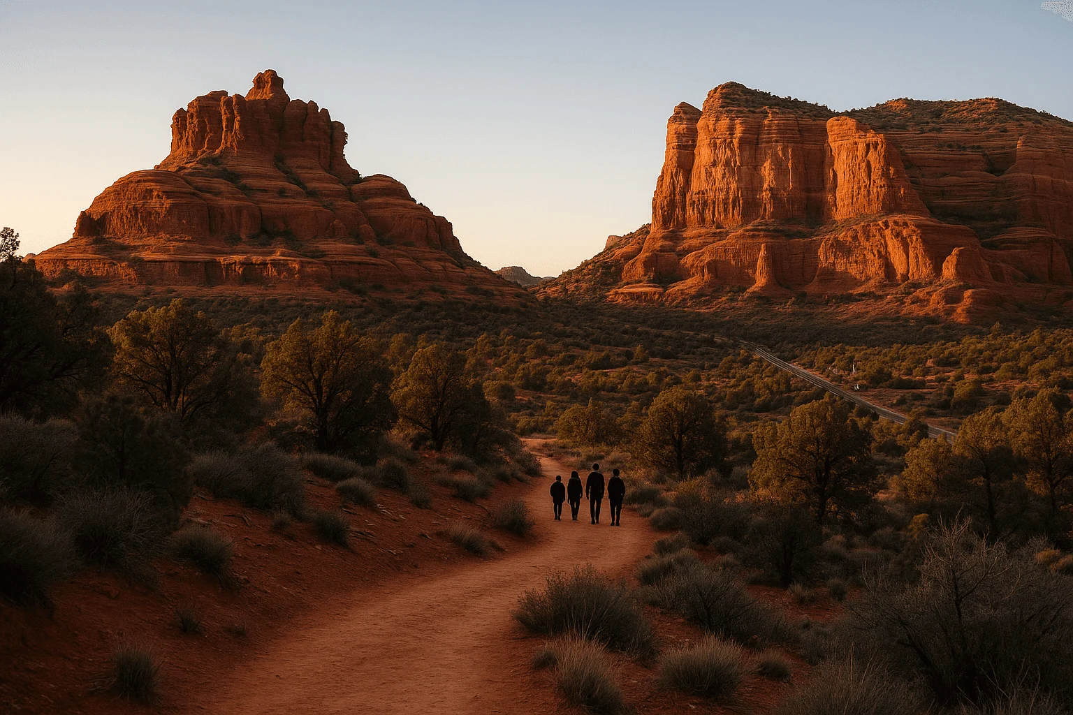 A group of hikers on a trail between red-rock formations