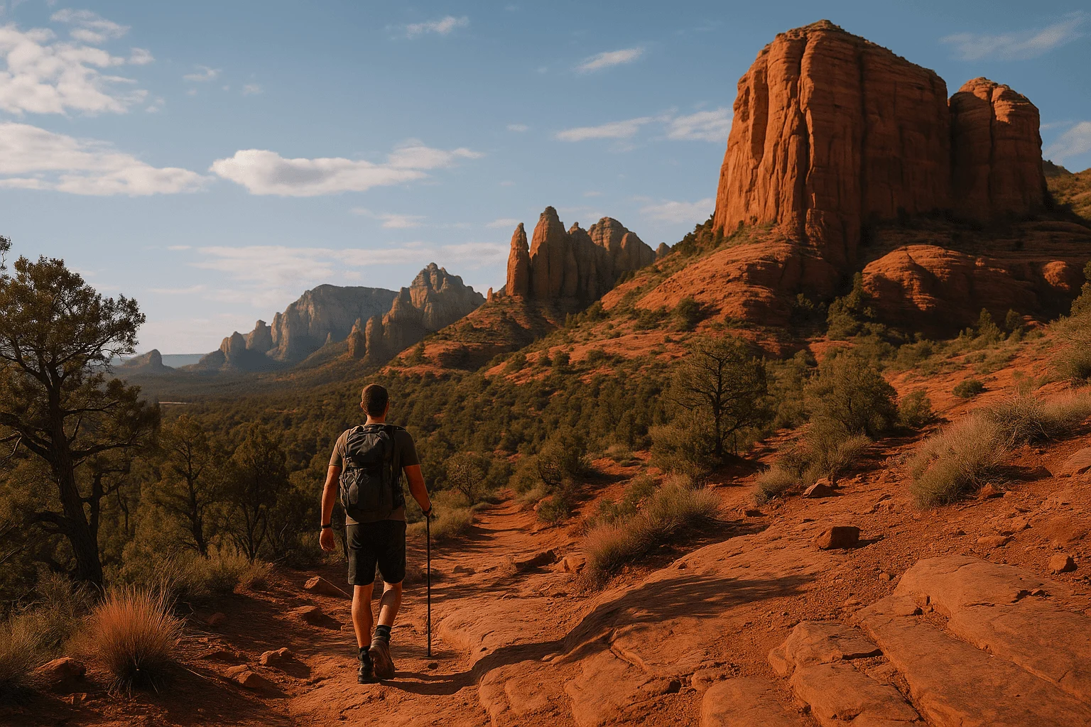 A hiker following a sunlit sandstone trail