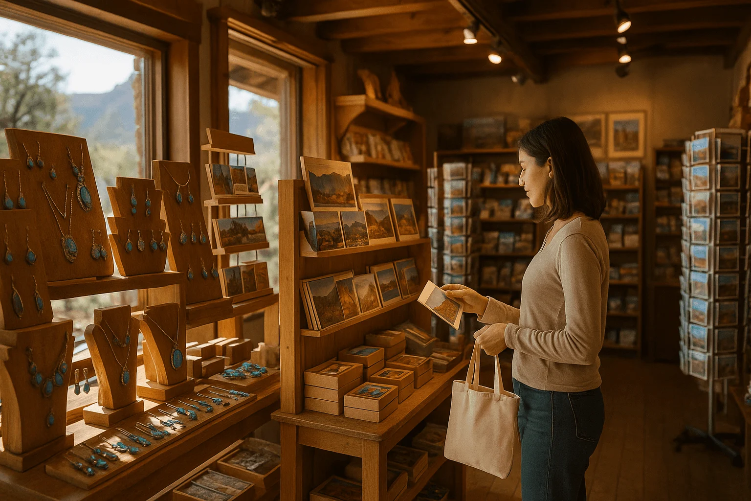 A visitor browsing small gifts and cards in a shop