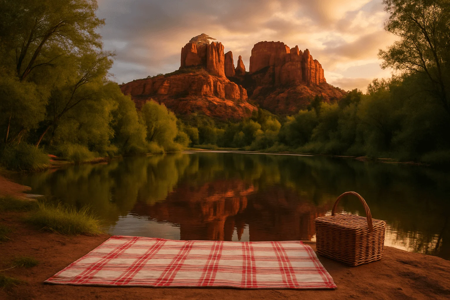 A picnic blanket and basket beside a creek with red rocks beyond