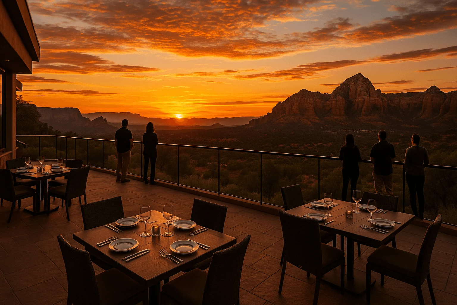 A restaurant terrace overlooking red rocks at sunset