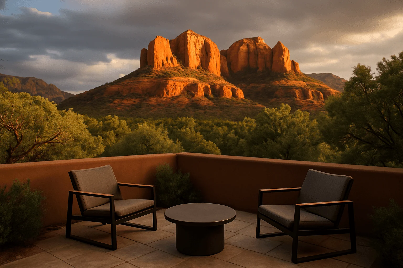 Two chairs on a balcony facing sunlit red-rock formations