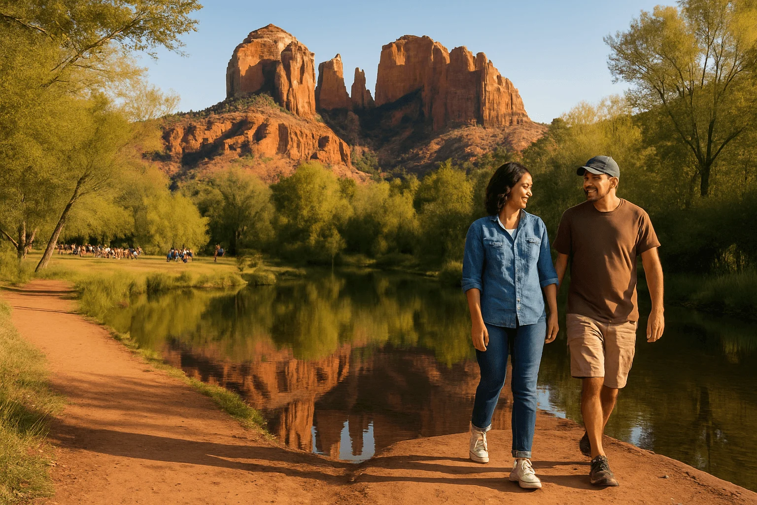 Two visitors walking beside a creek reflecting red rocks
