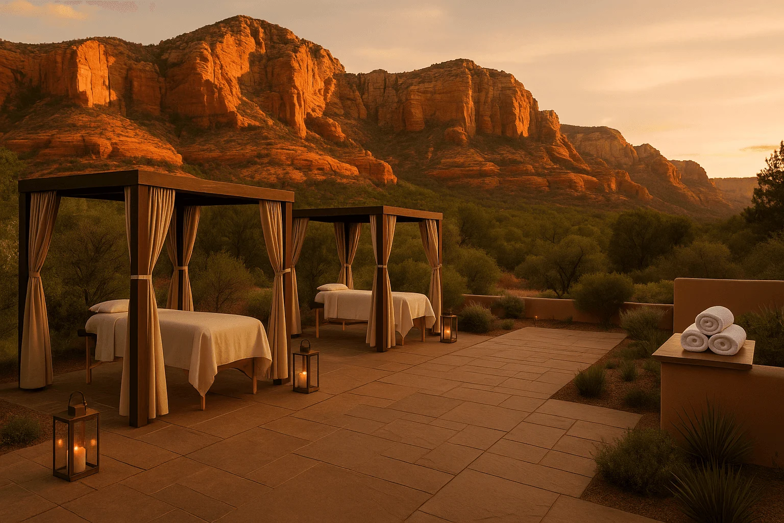 Outdoor spa cabanas beneath sunlit red cliffs