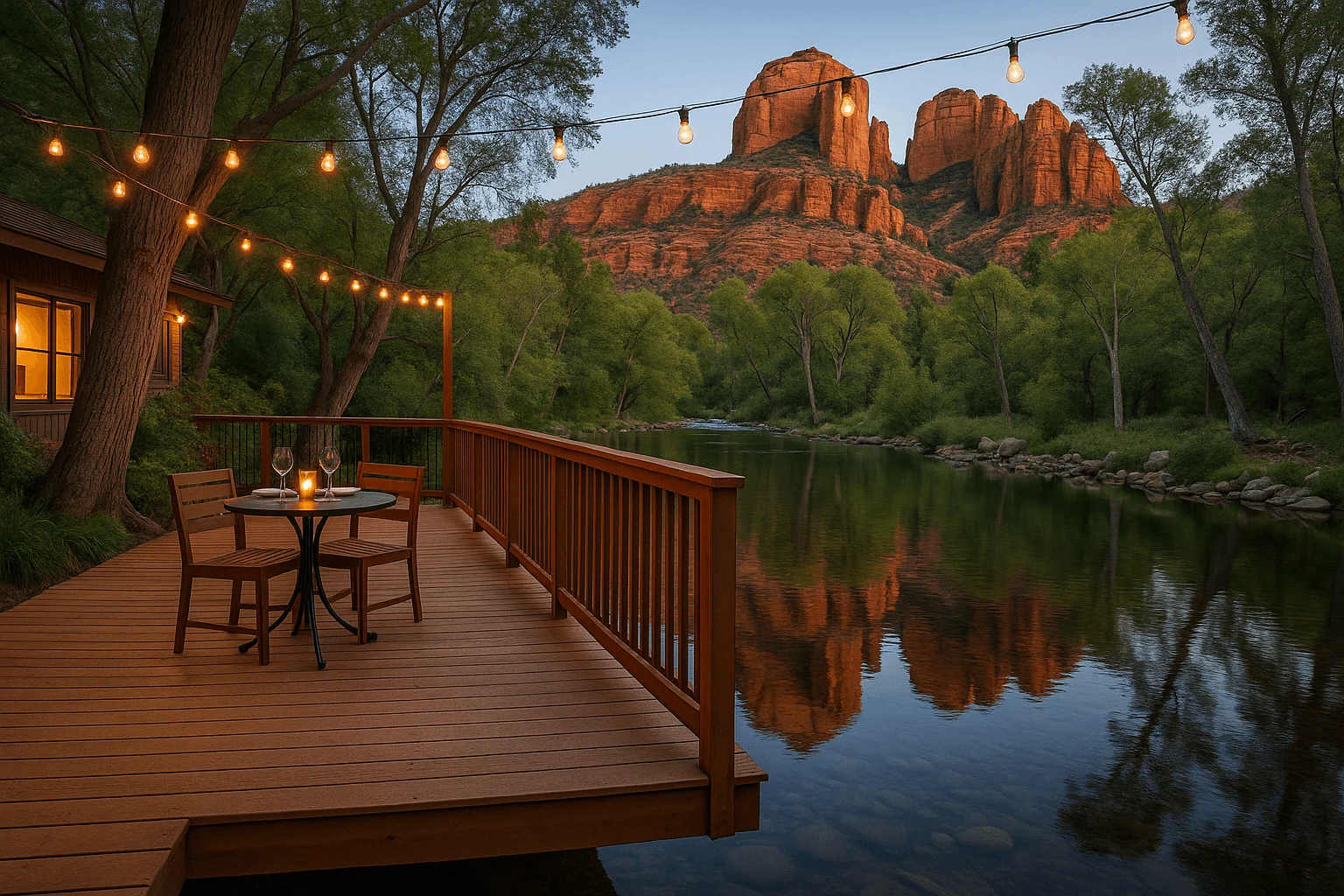 A table on a deck overlooking a shaded creek
