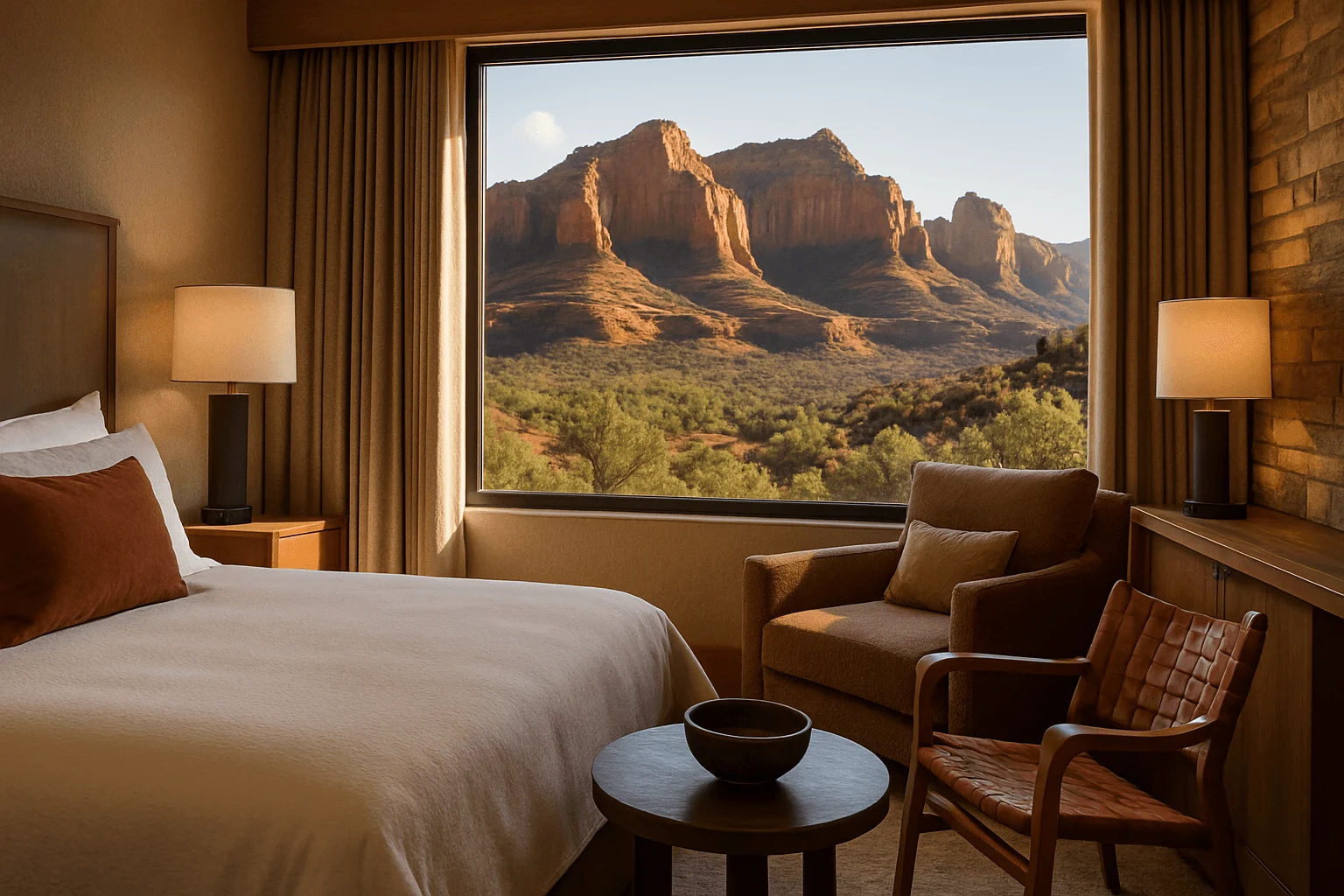 A hotel room with a large window framing red-rock formations