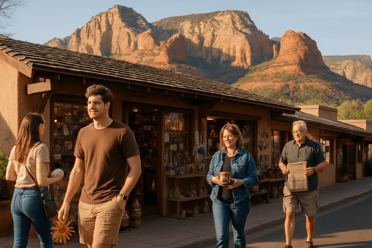 People walking past shops with red cliffs beyond