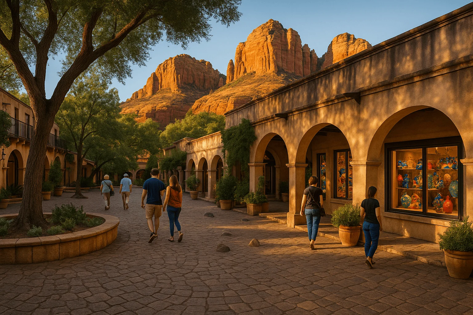 Visitors walking through an arched shopping courtyard