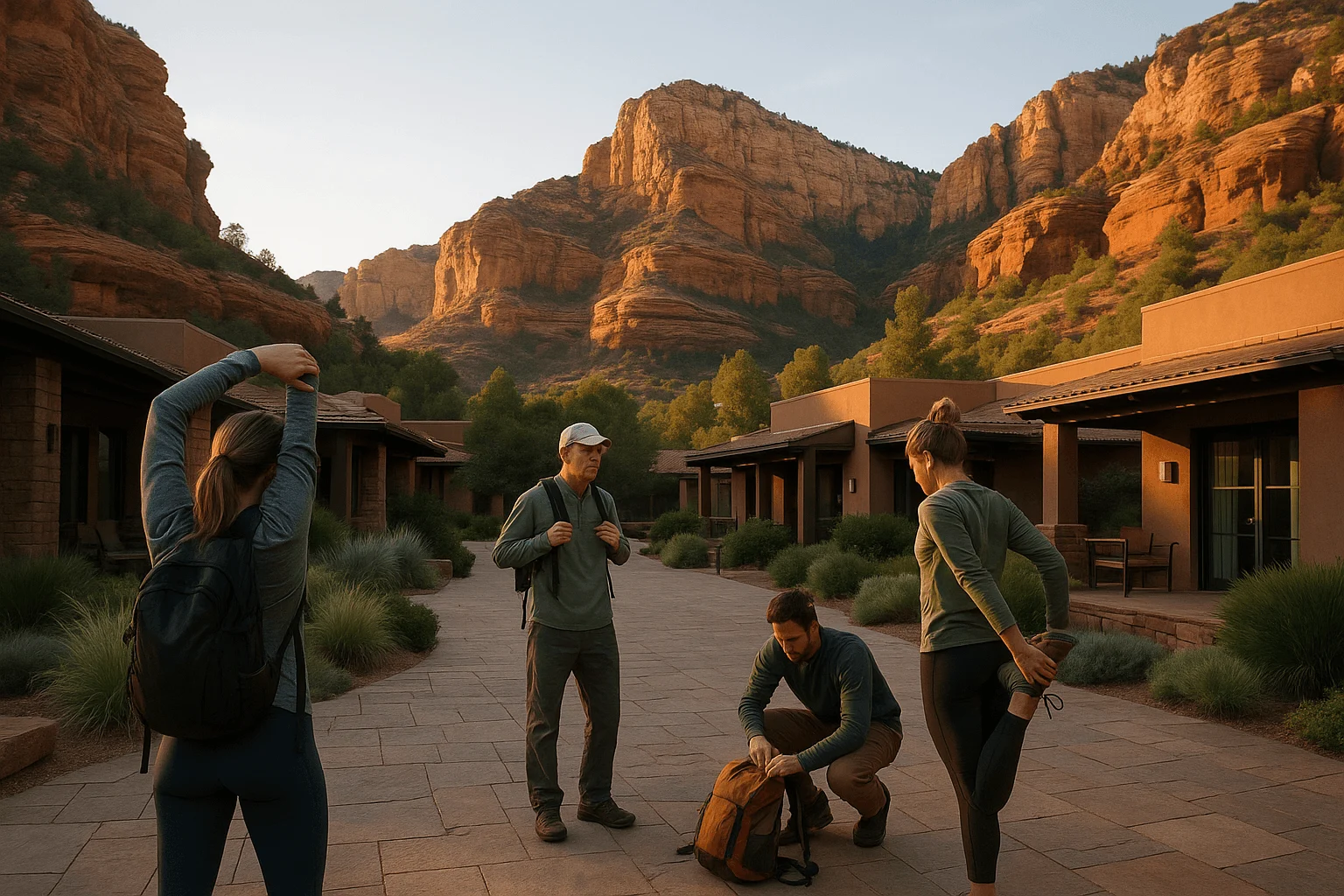A group preparing for a walk outside desert lodging
