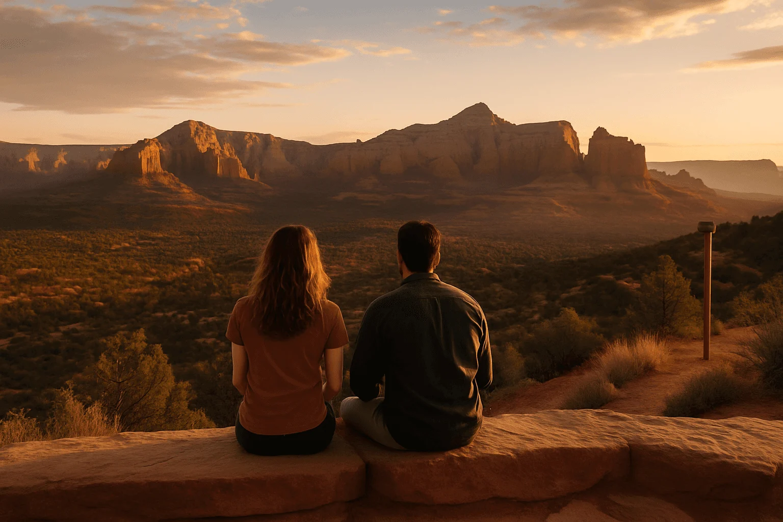 Two people seated on a sandstone ledge at sunset