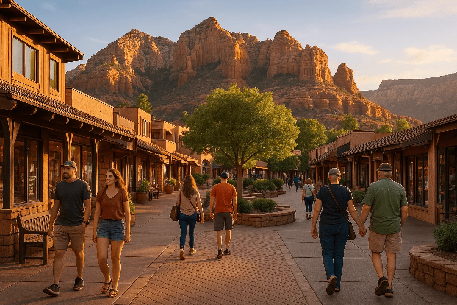Pedestrians on a shopping street below red cliffs