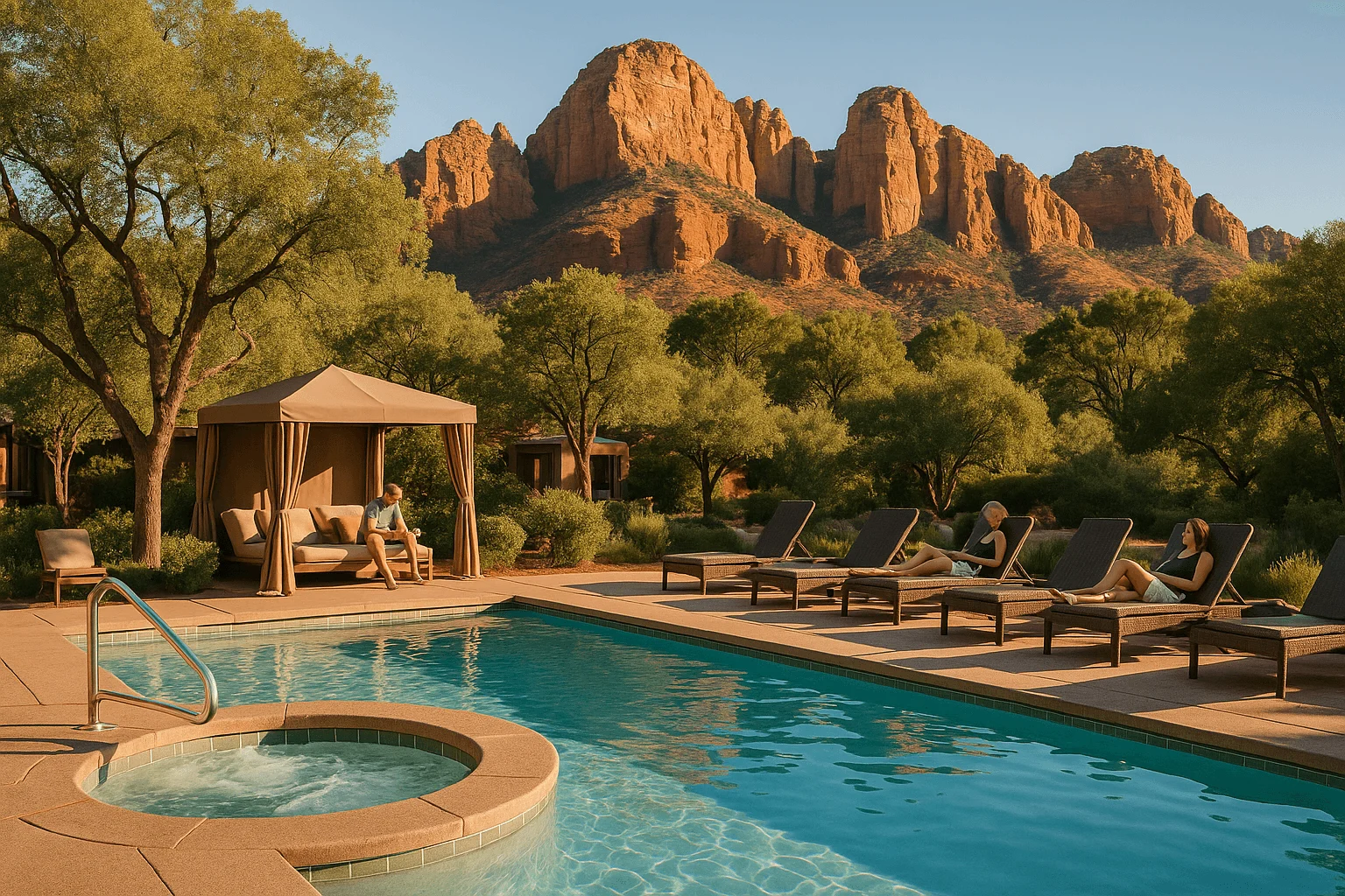 A pool, loungers, and shaded cabanas beneath red-rock formations