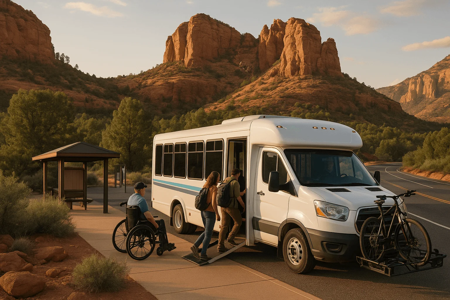 Travelers, including a wheelchair user, beside a shuttle at a trailhead