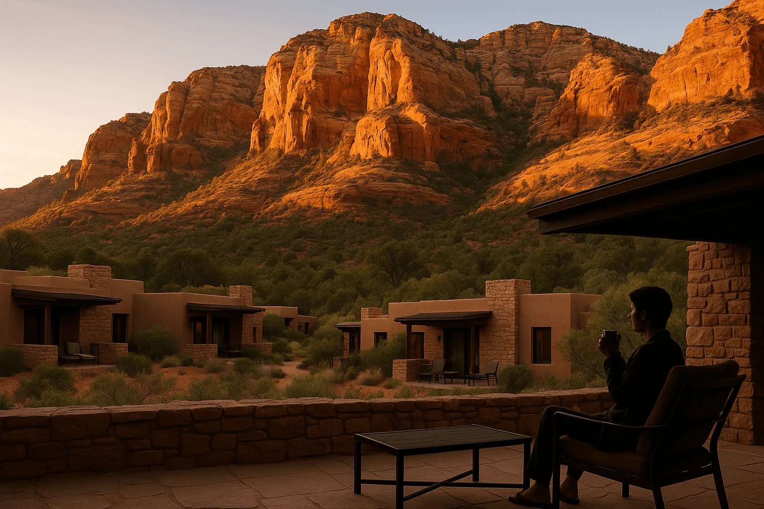 A person seated on a patio facing sunlit red cliffs
