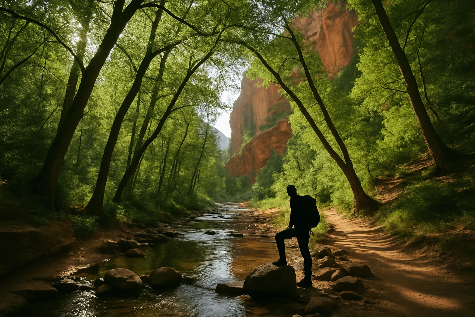 A person standing beside a wooded canyon stream