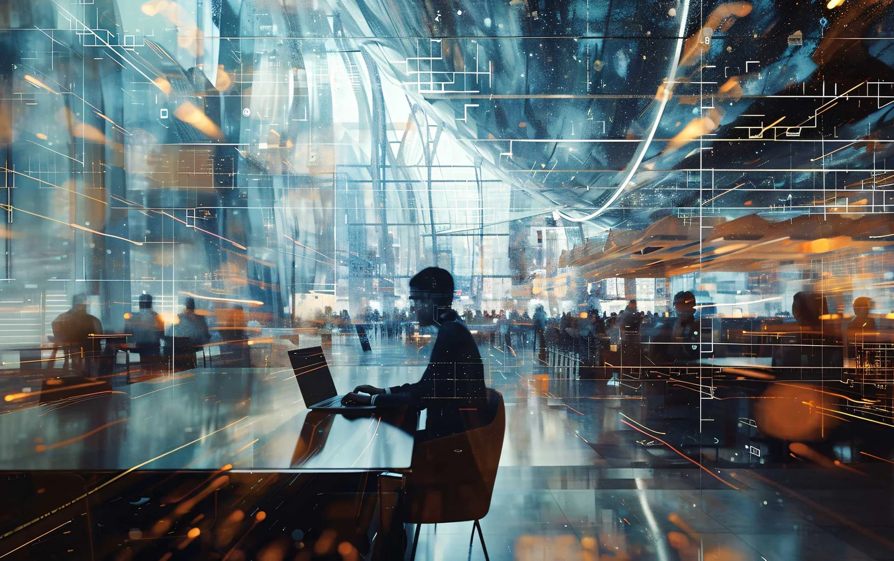 A stylized scene of a person using a laptop surrounded by digital graphics