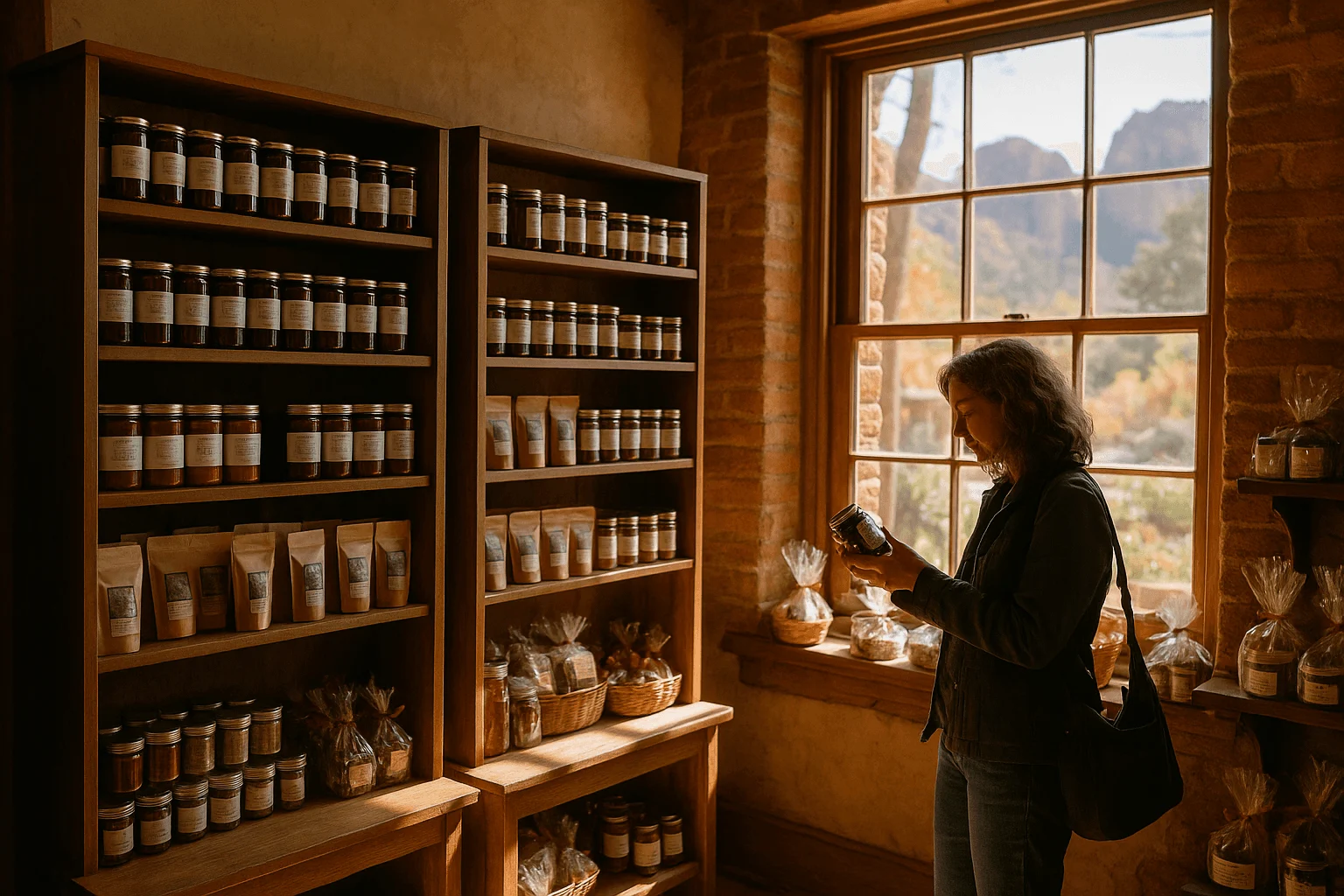 A visitor browsing jars and pottery beside a shop window
