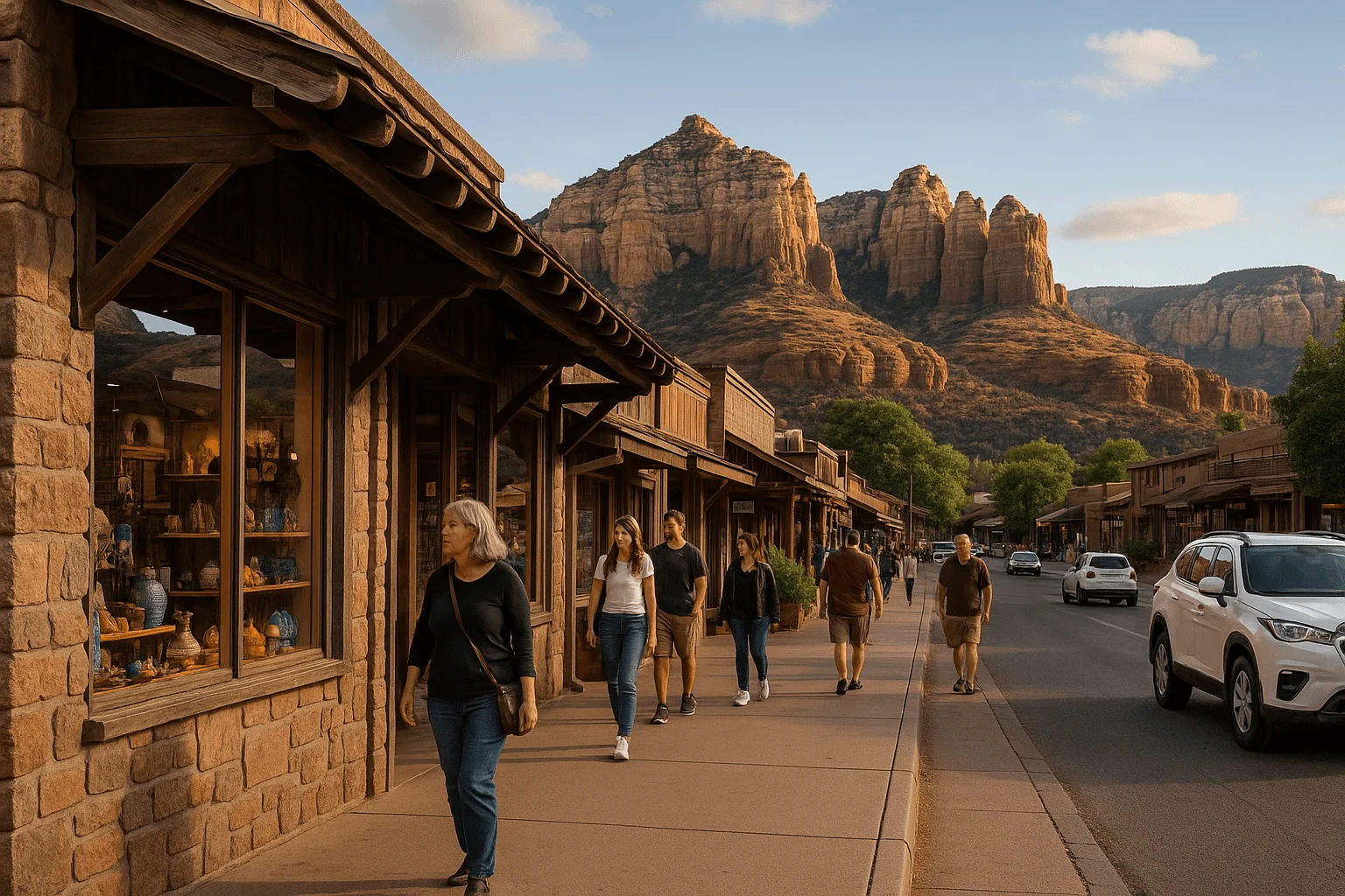People walking past rustic storefronts with cliffs beyond