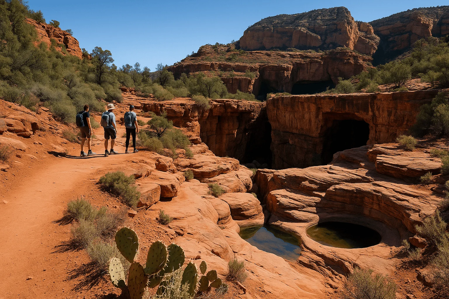 Hikers beside pools carved into red sandstone