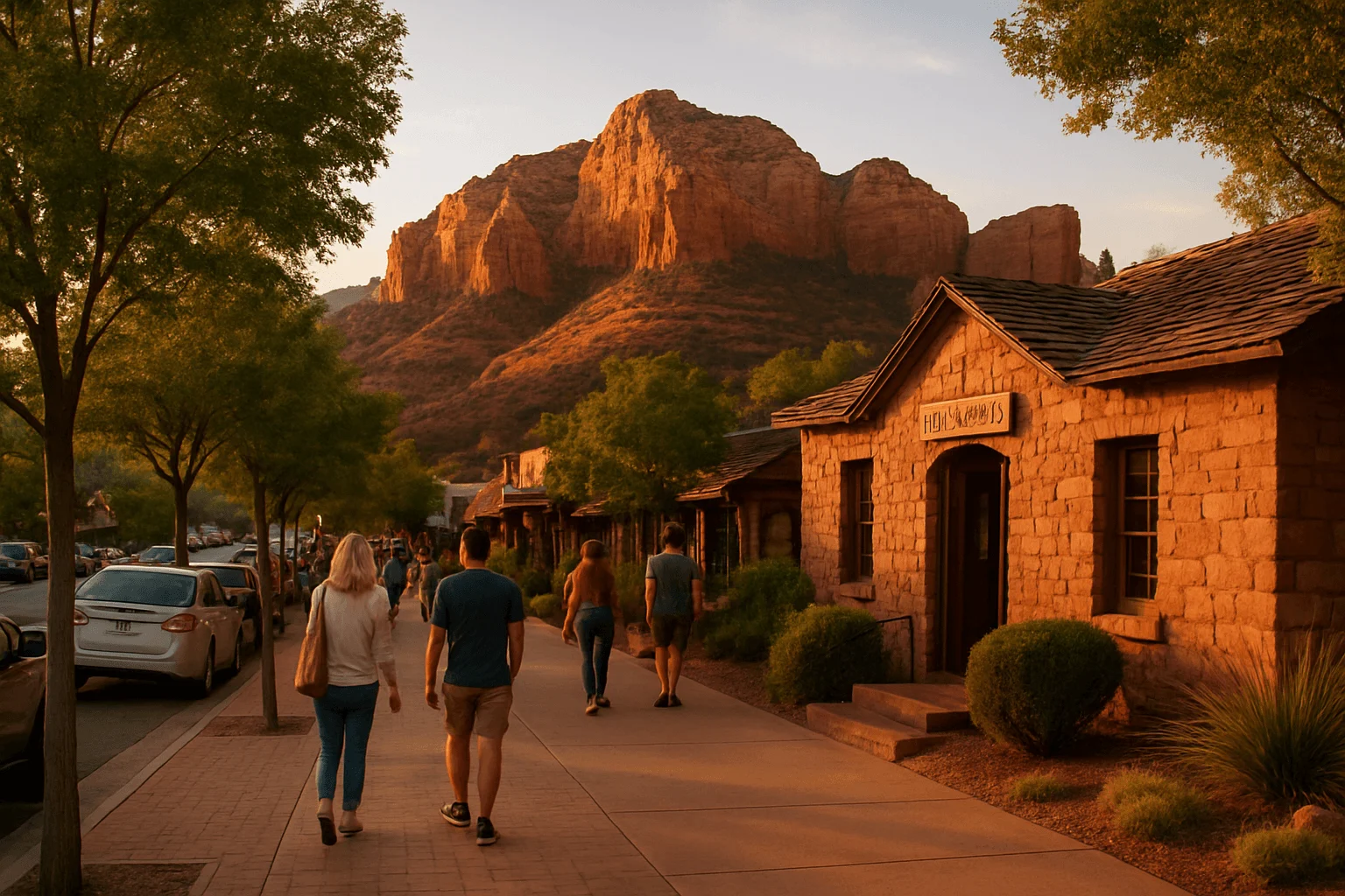 Visitors walking past shops at sunset
