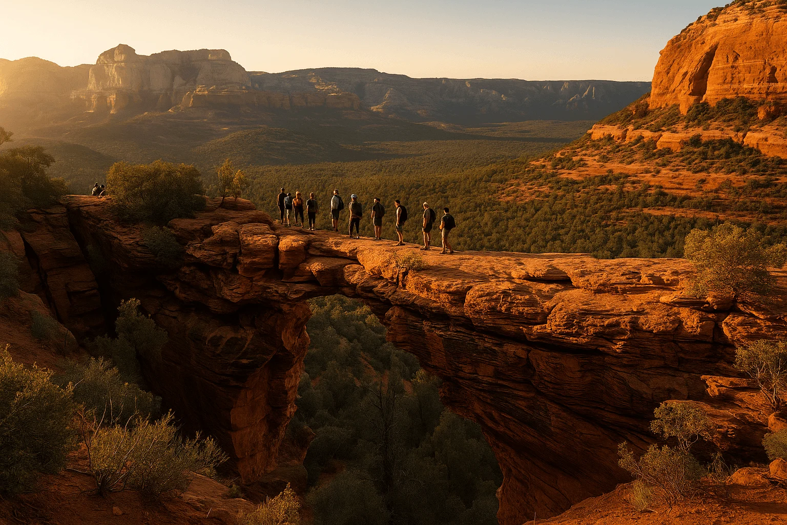 A group crossing a natural sandstone bridge