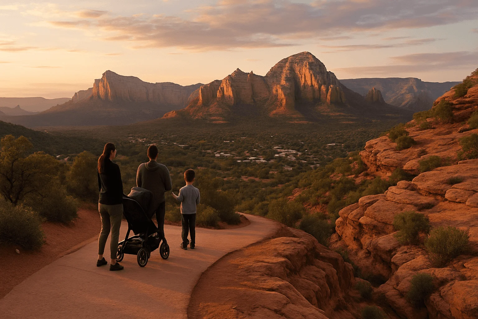 A family walking along a red-rock overlook