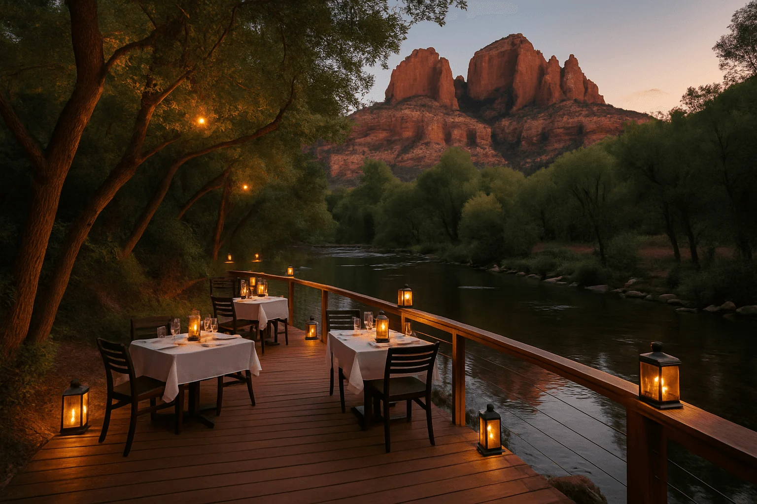Candlelit tables on a deck beside a creek at dusk