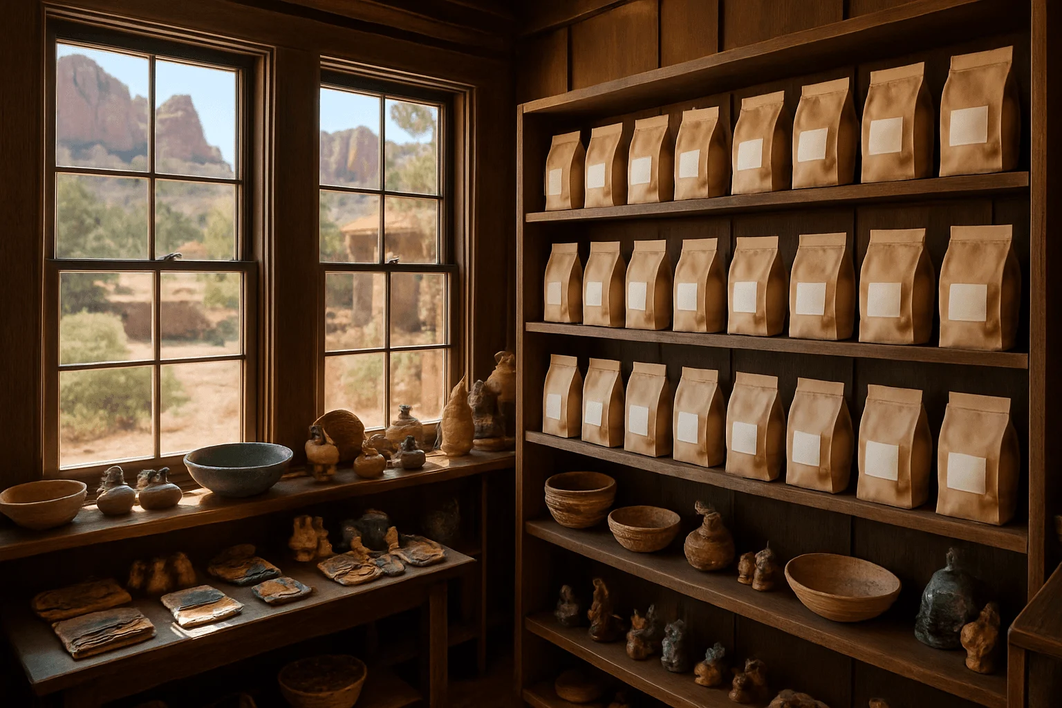 Shelves of packaged goods, bowls, and gifts beside a window