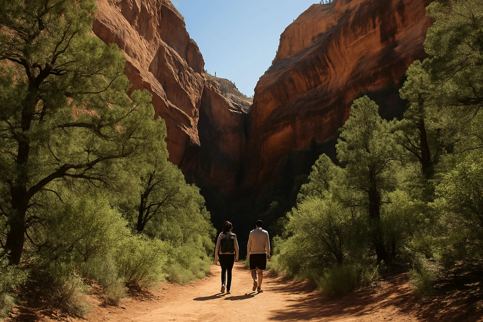 Two walkers on a path between tall canyon walls