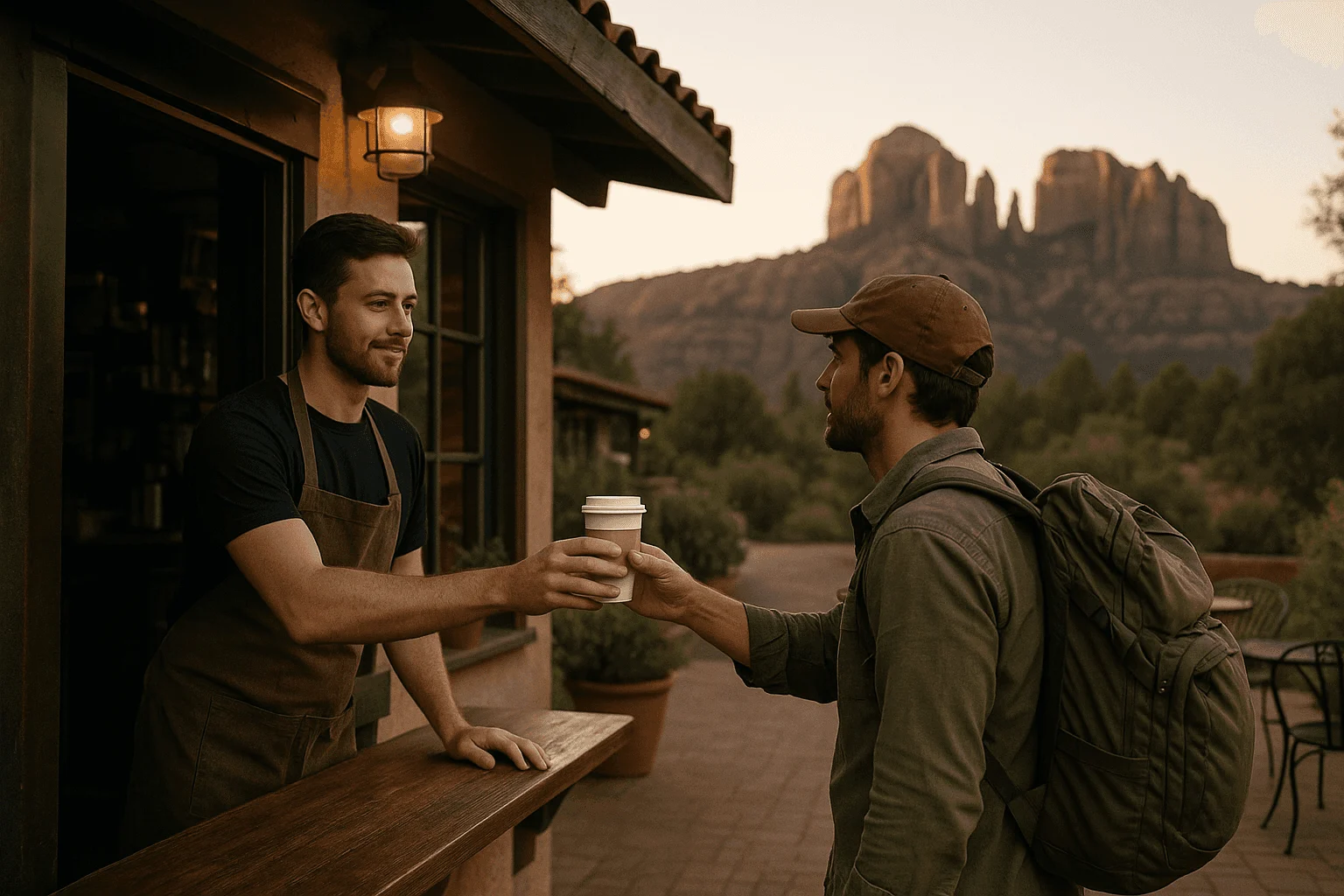 A worker handing a drink to a hiker at a service window